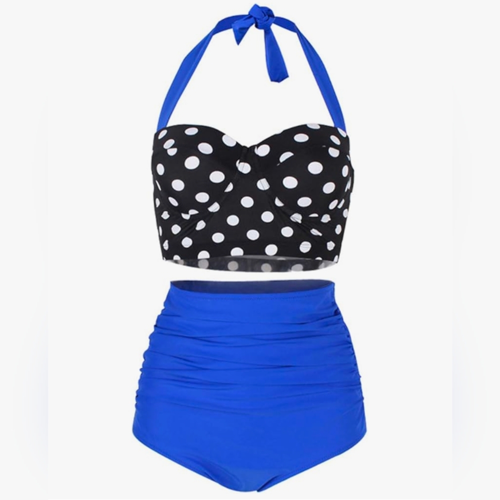 Retro Polkadots Highwaisted Bikini Set, Blue